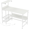 48-inch white computer desk with power outlets, raised shelf, and metal mesh storage for organized workspace.