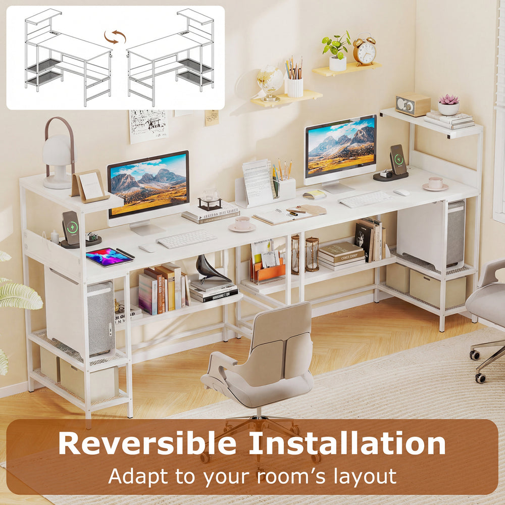 L-shaped 48-inch computer desk in white with power outlets, storage shelves, and reversible installation for versatile.