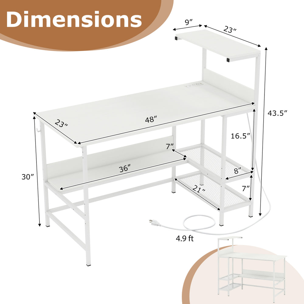 Dimensions of the 48-inch white computer desk with power outlets and raised storage shelves for efficient workspace.