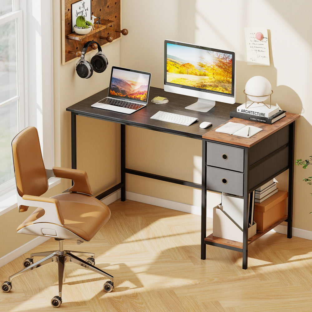 48-inch black computer desk with 2 fabric drawers and a stylish two-toned tabletop, ideal for home office use.