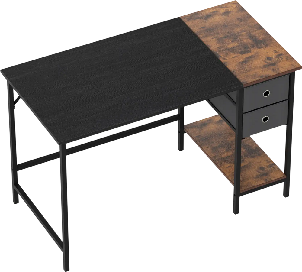 48-inch black computer desk with a rustic two-toned tabletop, featuring two fabric drawers and an open shelf for.