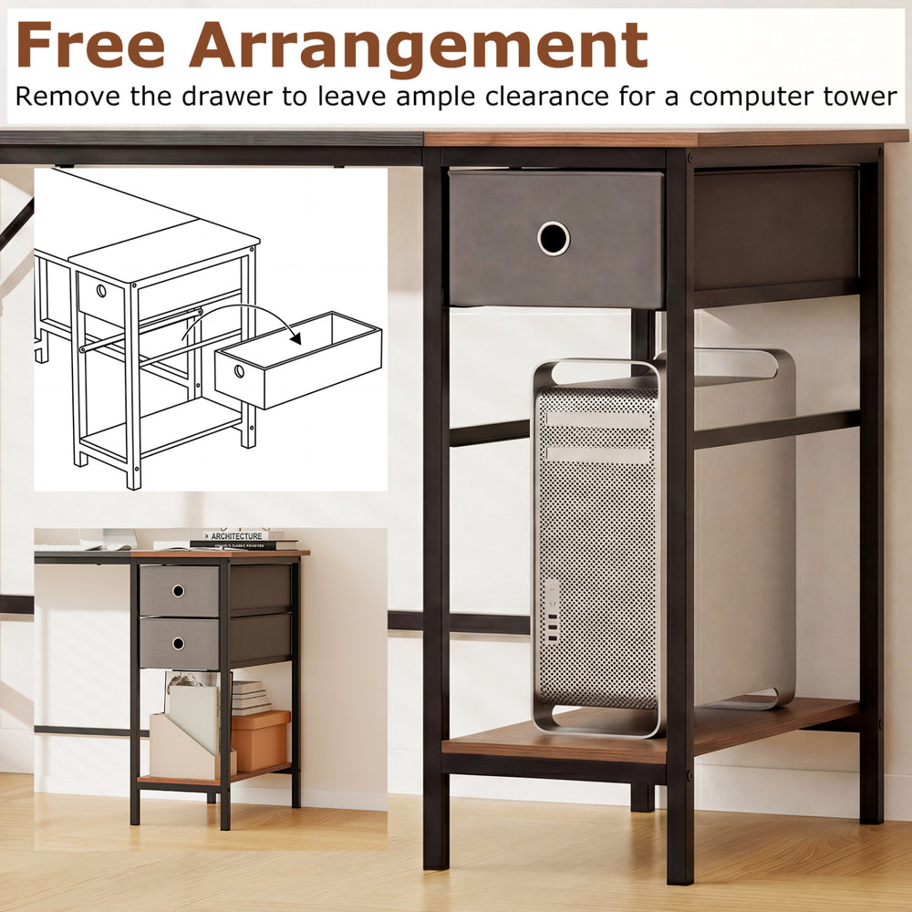 48-inch black computer desk featuring two fabric drawers and an open shelf, ideal for home office or gaming setups.