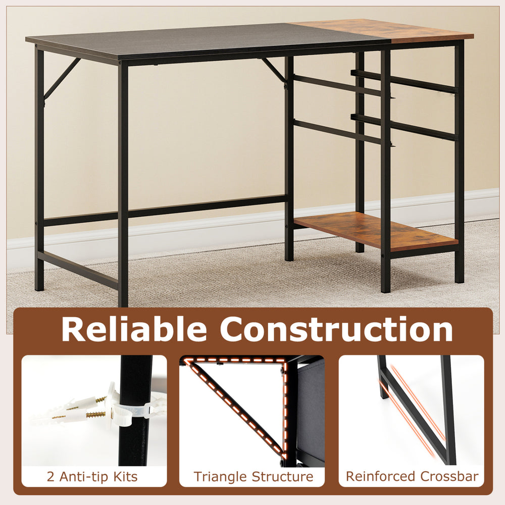 48-inch black computer desk featuring a stylish two-toned tabletop, reinforced crossbars, and two fabric drawers for.