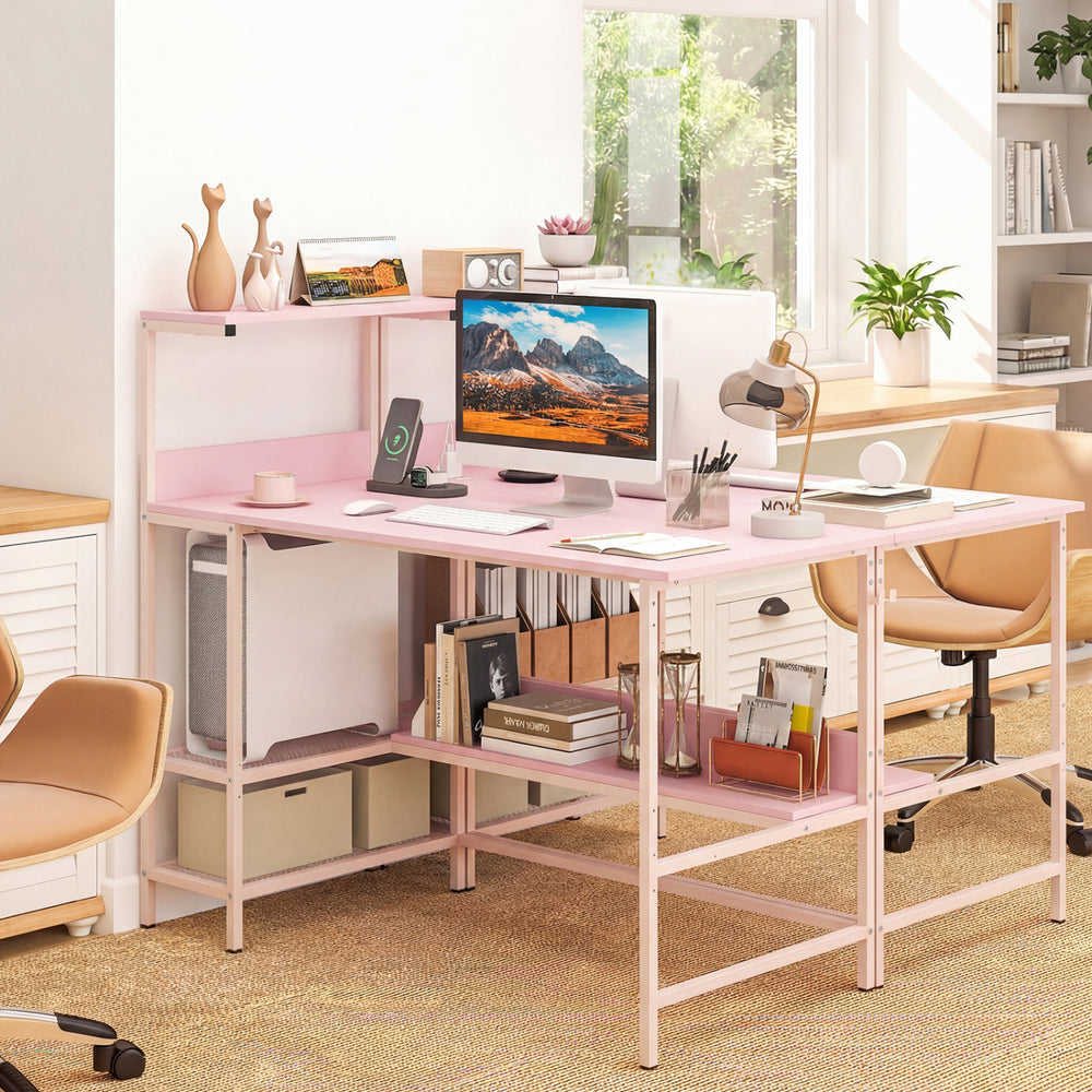 48 Inch Computer Desk with Power Outlets and Storage Shelves-Pink - Gallery View 1 of 10