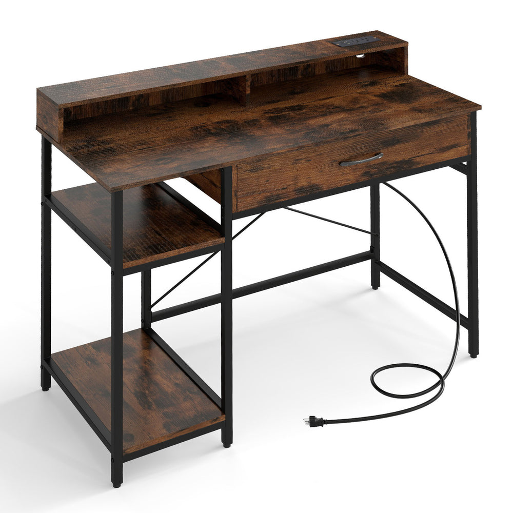 Rustic brown 48-inch computer desk with monitor stand, drawer, and detachable shelves for versatile use.