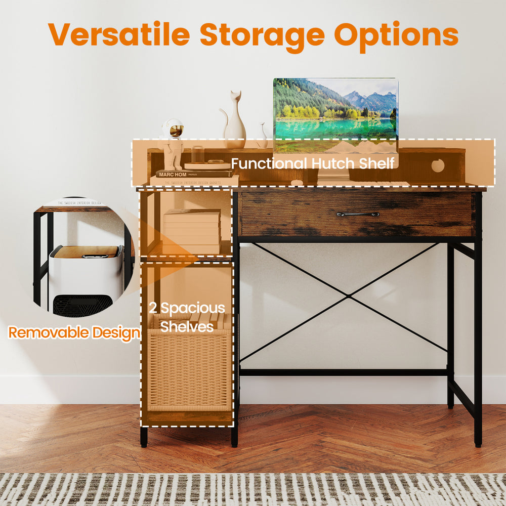 48-inch rustic brown computer desk featuring a monitor stand, drawer, and two spacious shelves for versatile storage.