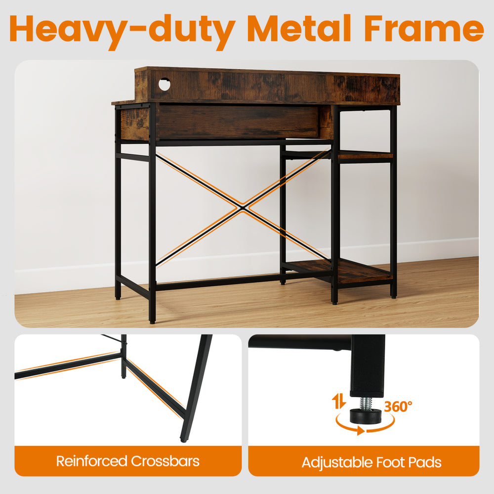 48-inch computer desk in rustic brown with monitor stand, drawer, and adjustable foot pads for ergonomic use.