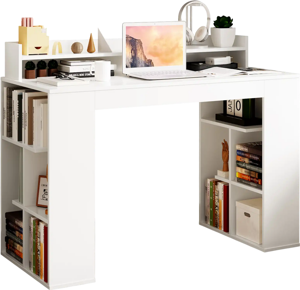White computer desk with open dual 3-tier bookshelves, perfect for organizing books and enhancing home office decor.