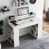 Computer desk in white with dual 3-tier bookshelves and monitor shelf, ideal for ergonomic workspace organization.