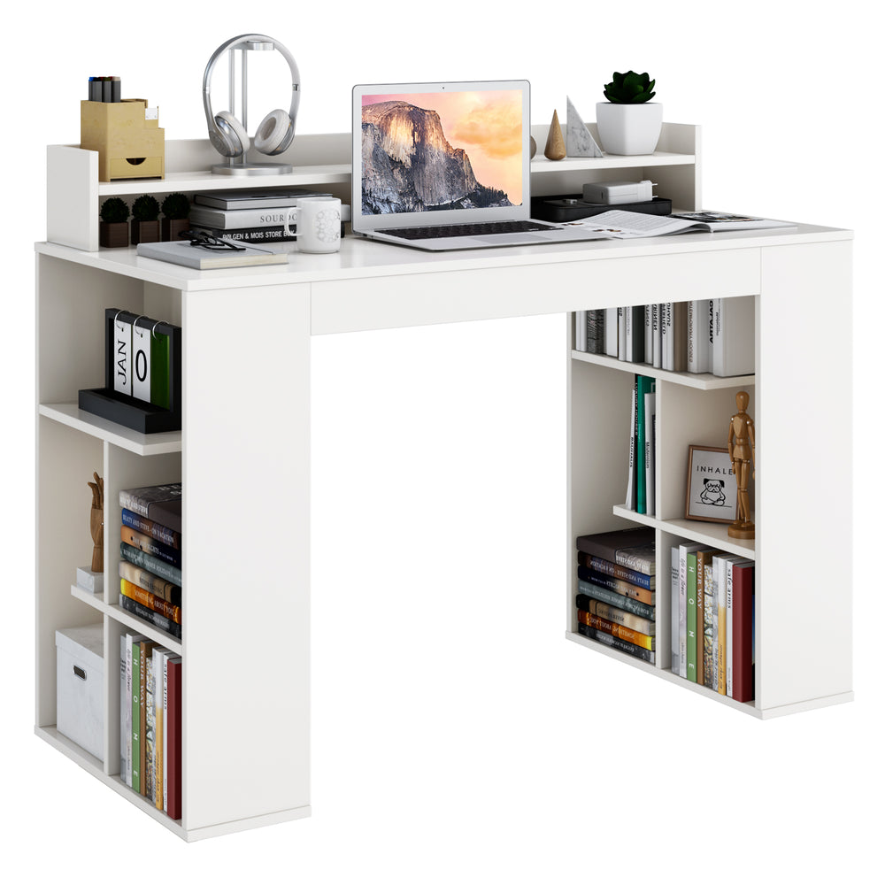 Close-up of the smooth surface of the white computer desk, featuring dual 3-tier bookshelves for organization and decor.