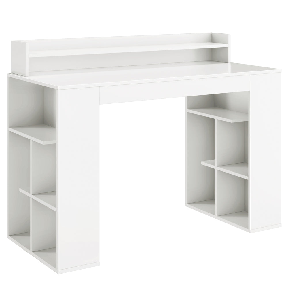 Computer desk in white with dual 3-tier bookshelves and monitor shelf, ideal for ergonomic workspace and home decor.