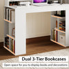 Computer desk with dual 3-tier bookshelves in white, featuring open space for displaying books and decorations.