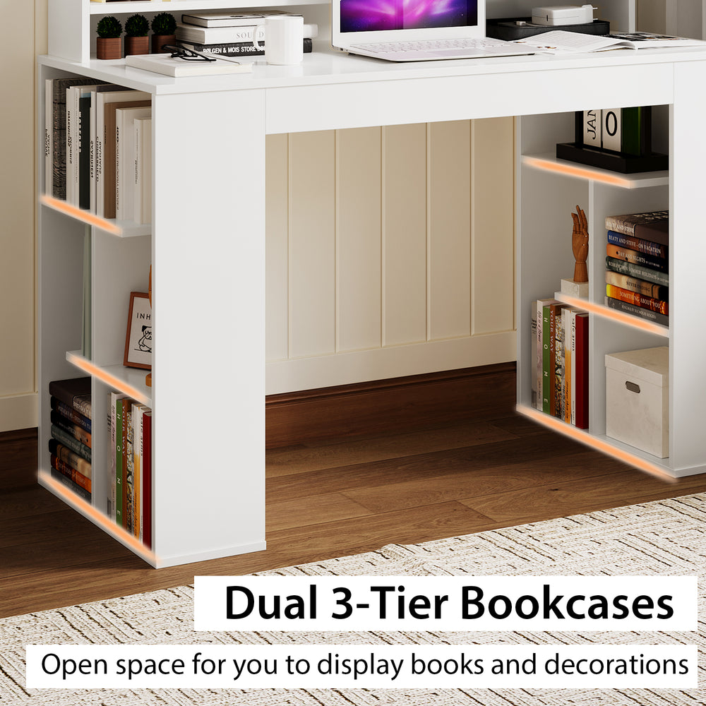 Computer desk with dual 3-tier bookshelves in white, featuring open space for displaying books and decorations.