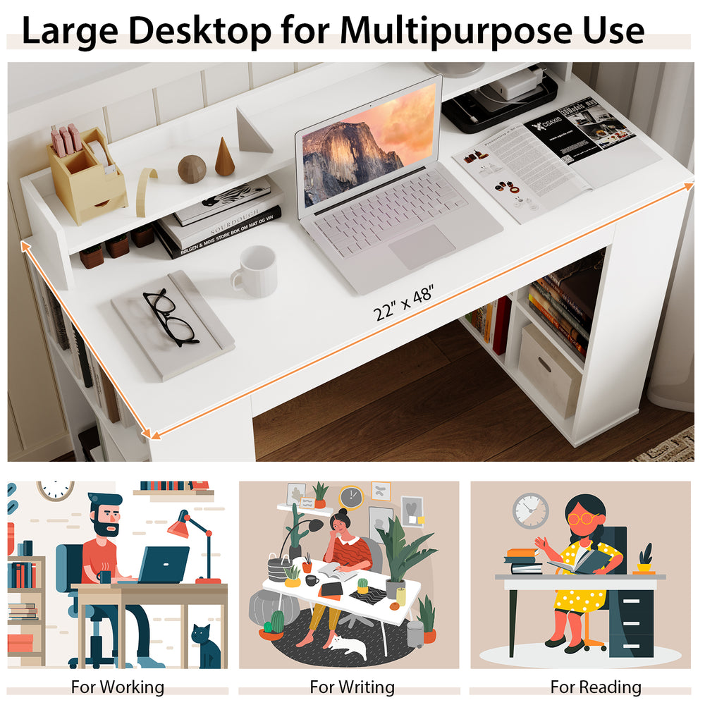 Computer desk in white with large desktop, dual 3-tier bookshelves, and monitor shelf for ergonomic use.