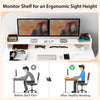 Monitor shelf showing ergonomic sight height benefits, designed for a computer desk with dual 3-tier bookshelves in.