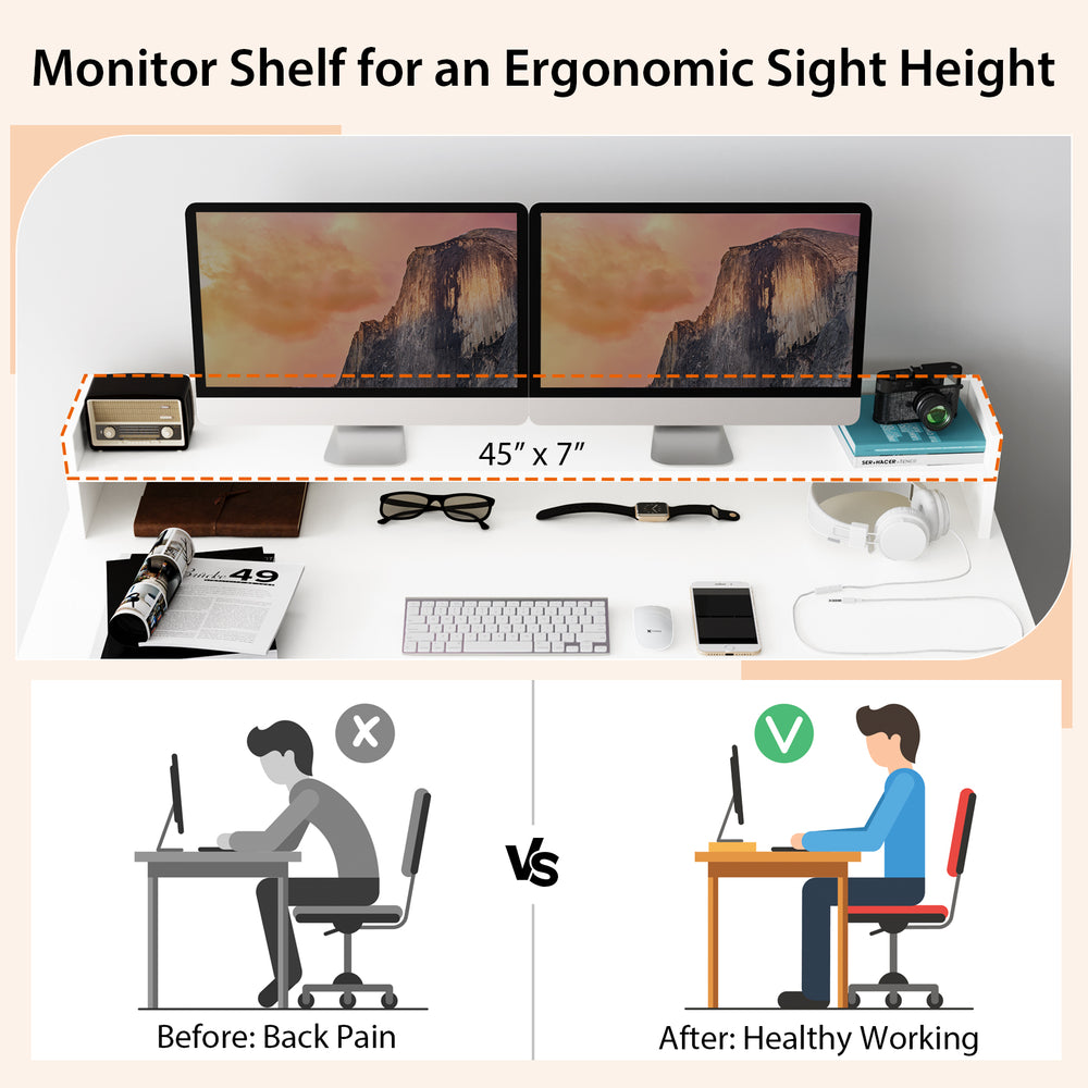 Monitor shelf showing ergonomic sight height benefits, designed for a computer desk with dual 3-tier bookshelves in.