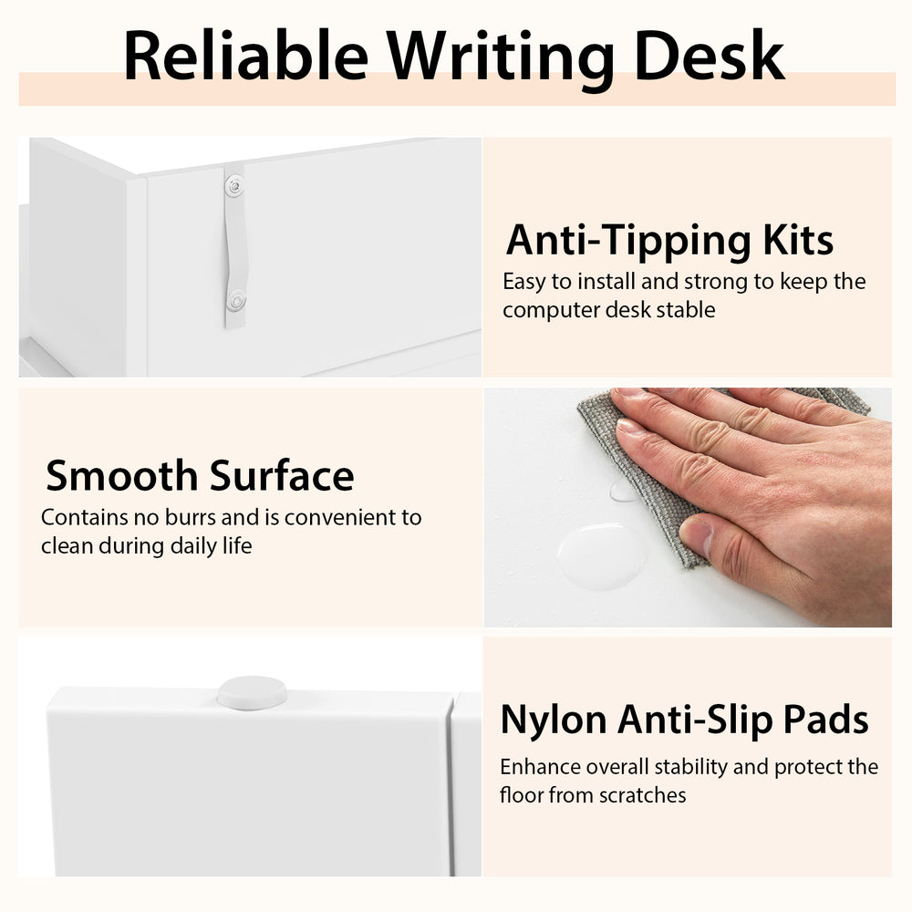 Computer desk in white with dual 3-tier bookshelves and monitor shelf, designed for stability and ergonomic use.