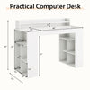 Computer desk in white with dual 3-tier bookshelves and monitor shelf, designed for ergonomic use and stability.