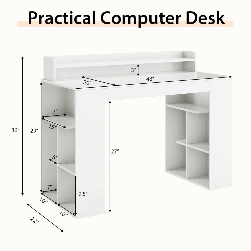 Computer desk in white with dual 3-tier bookshelves and monitor shelf, designed for ergonomic use and stability.