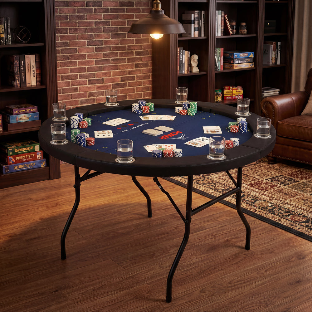 Foldable 48-inch poker table with blue surface, 8 cup holders, and padded edges, perfect for game nights and parties.