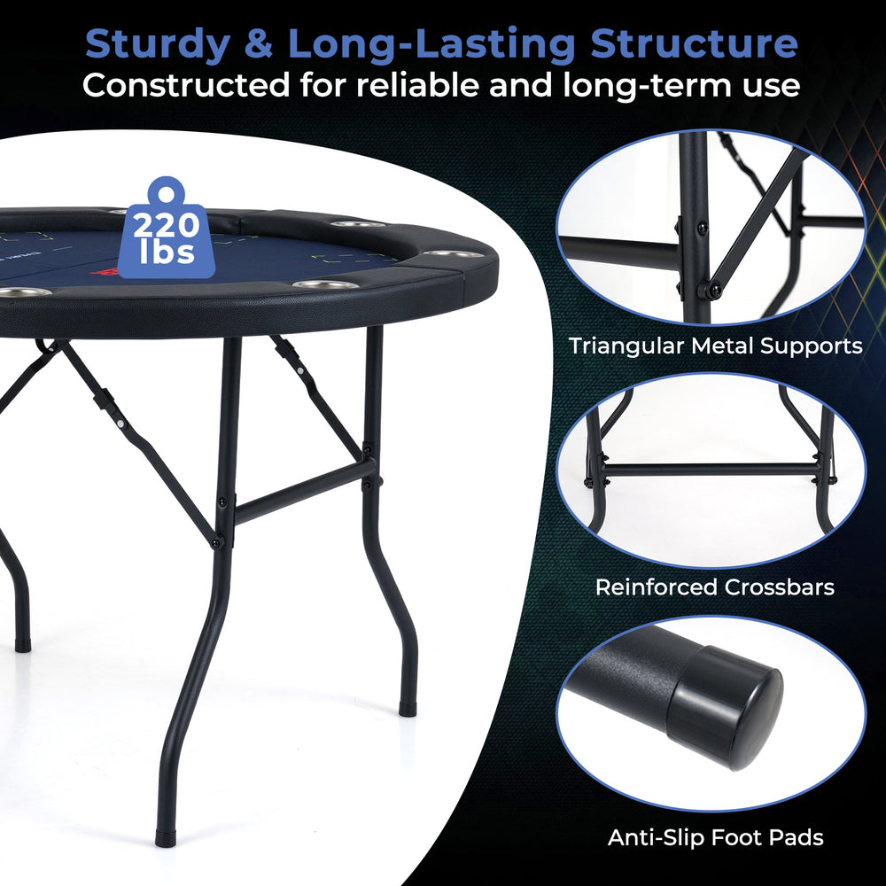 48-inch foldable poker table with blue padded edges, 8 cup holders, and sturdy metal structure for up to 220 lbs.