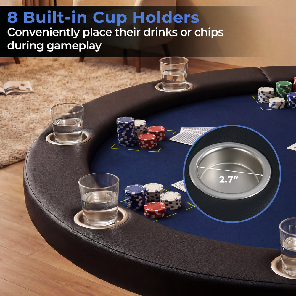 Close-up of the 48-inch foldable poker table showing 8 built-in cup holders for convenient drink placement during.