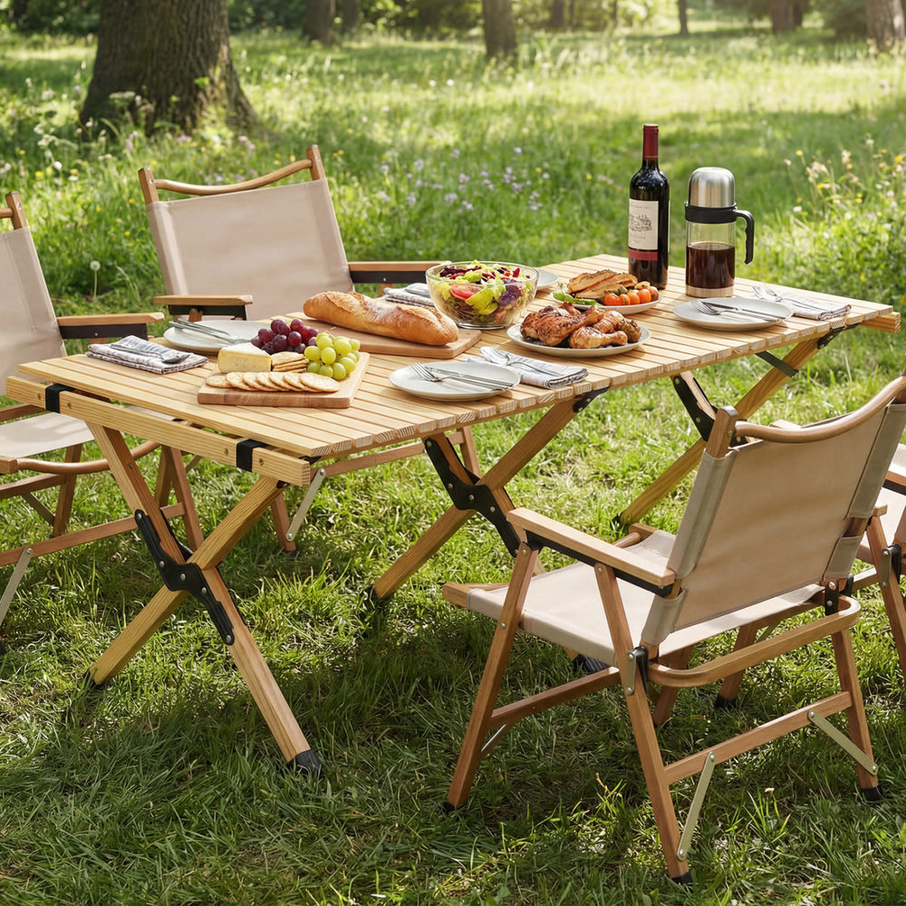 Folding camping table with solid pine wood, 48-inch size, perfect for backyard BBQs and outdoor gatherings.