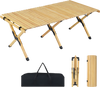 Folding camping table with solid pine wood, collapsible design, and carrying bag, perfect for backyard gatherings.