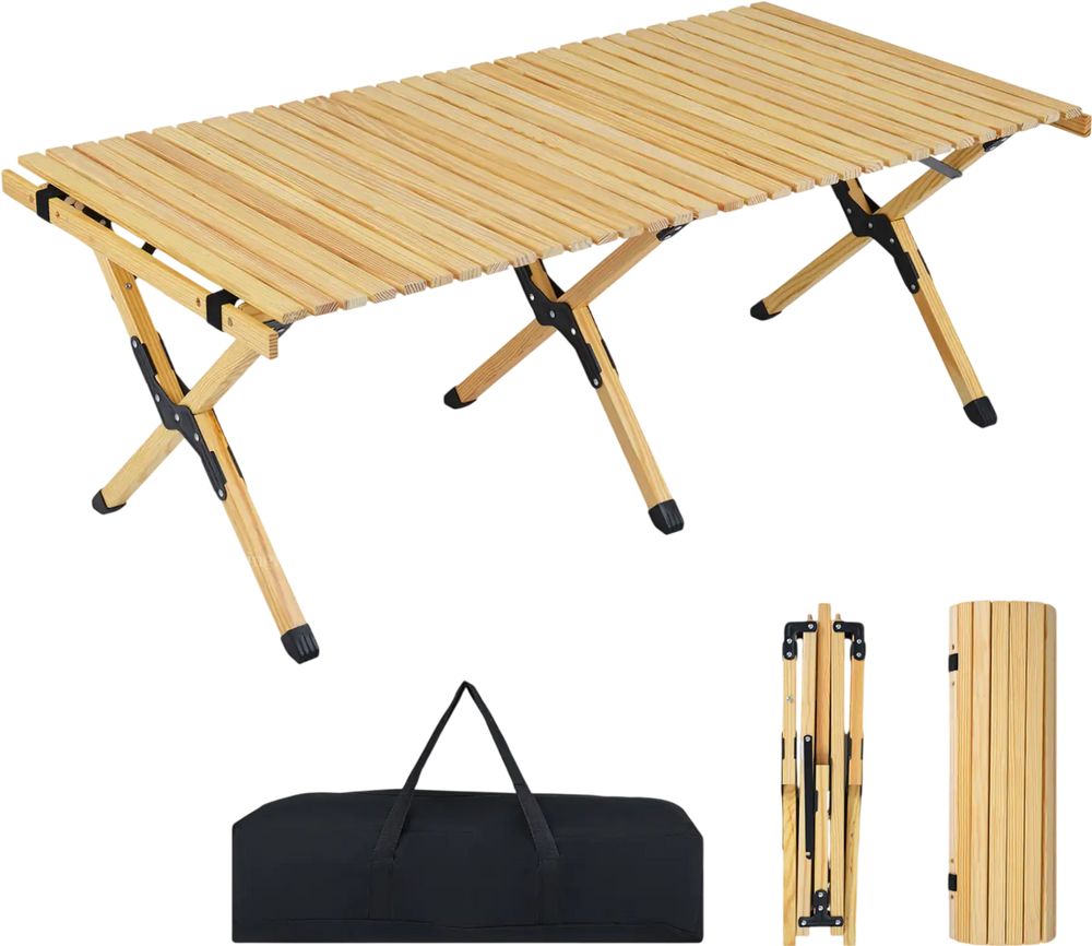 Folding camping table with solid pine wood, collapsible design, and carrying bag, perfect for backyard gatherings.