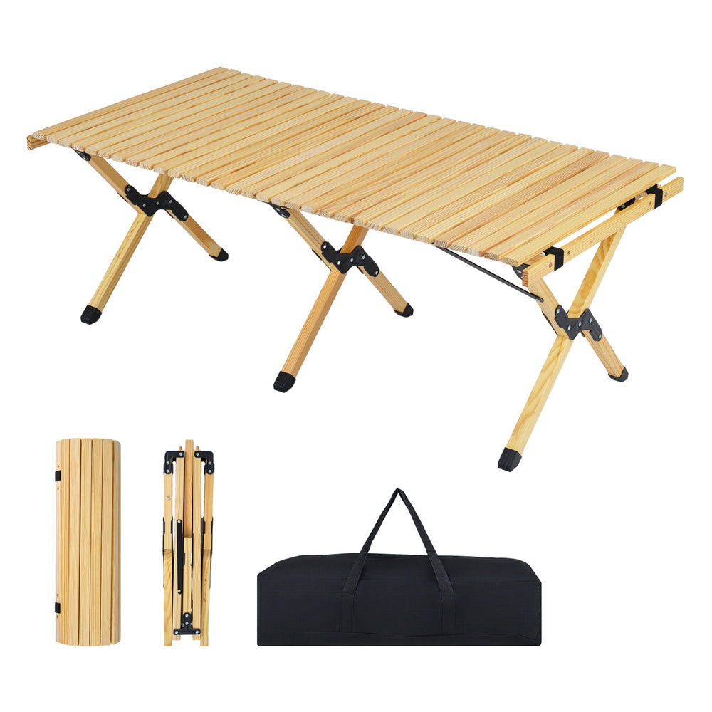 Folding camping table with solid pine wood, 48 inches, collapsible design, includes carry bag for easy transport.