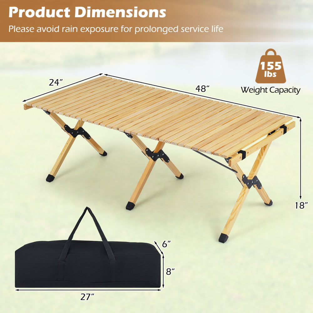 Folding camping table with solid pine wood, 48 inches long, collapses to 6 inches for easy storage, ideal for outdoor.
