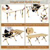 Folding camping table setup steps showing solid pine wood construction, portable design, and anti-slip foot pads for.