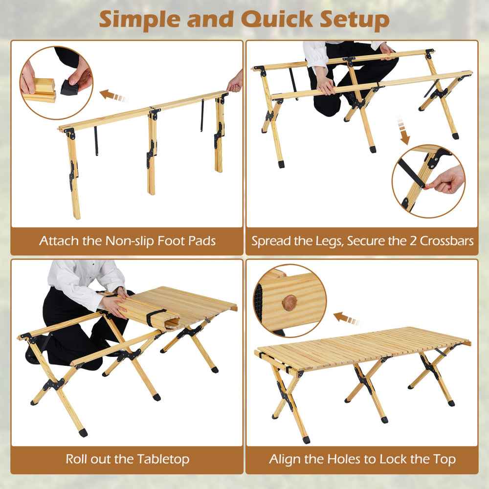 Folding camping table setup steps showing solid pine wood construction, portable design, and anti-slip foot pads for.