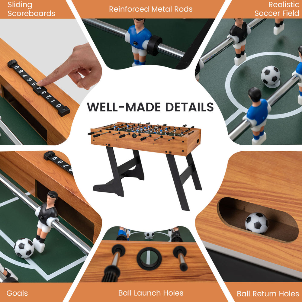 Folding 48-inch soccer table with reinforced metal rods, realistic field graphics, and dual slide scorers for family fun.