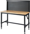 Heavy-duty 48-inch workbench with rubber wood top, AC/USB outlets, and pegboard for garage or workshop use.