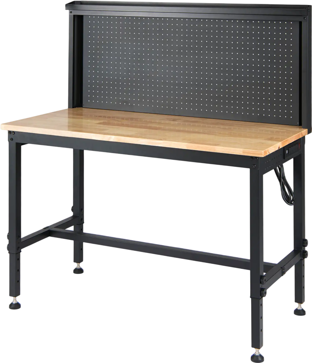 Heavy-duty 48-inch workbench with rubber wood top, AC/USB outlets, and pegboard for garage or workshop use.