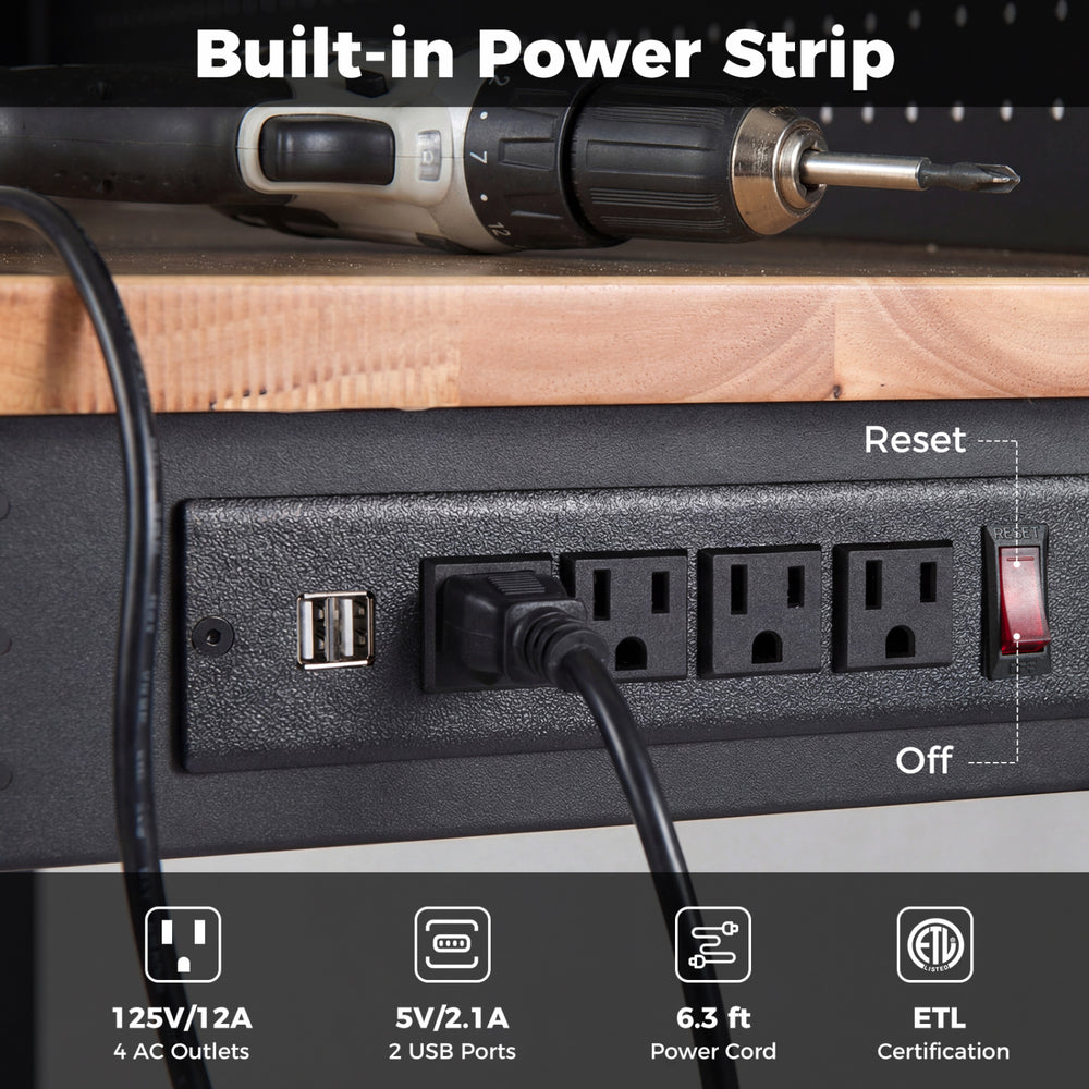 Heavy-duty workbench with built-in power strip, 4 AC outlets, 2 USB ports, and pegboard for tool organization.