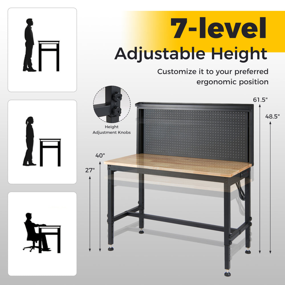 48-inch heavy-duty workbench with 7-level adjustable height, AC/USB outlets, and pegboard for organized workspace.