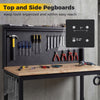 Heavy-duty 48-inch workbench with top and side pegboards, featuring AC/USB outlets for convenient tool organization.