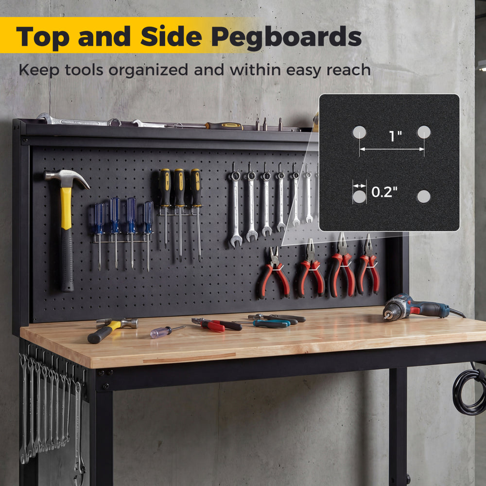 Heavy-duty 48-inch workbench with top and side pegboards, featuring AC/USB outlets for convenient tool organization.