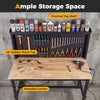 48-inch heavy-duty workbench with rubber wood top, pegboards, and AC/USB outlets, ideal for garage or workshop use.