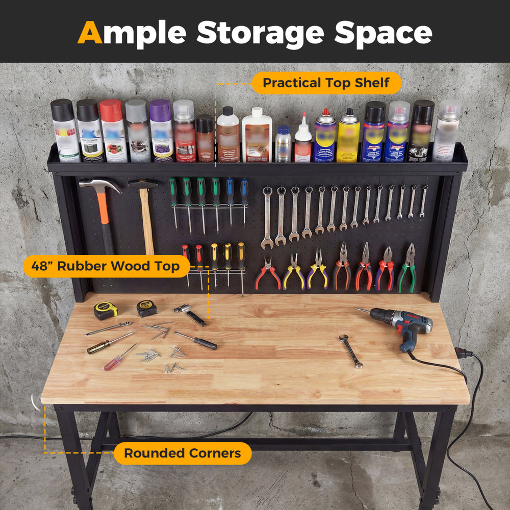48-inch heavy-duty workbench with rubber wood top, pegboards, and AC/USB outlets, ideal for garage or workshop use.