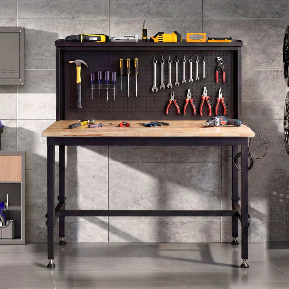 Heavy-duty 48-inch workbench with pegboard, AC/USB outlets, and rubber wood top, ideal for garage or workshop use.