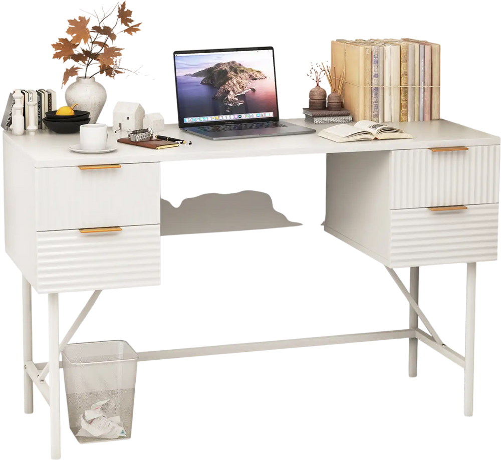 Close-up of the rippled drawer design on a 48-inch white home office computer desk, enhancing style and storage.