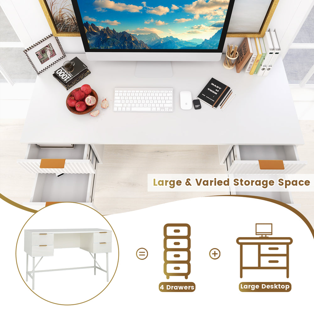 48-inch white home office computer desk with 4 drawers, large tabletop, and sturdy metal frame for stability.