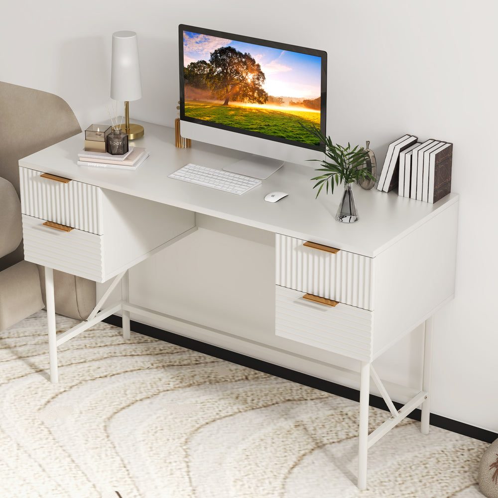 Side view of a 48-inch white home office computer desk with smooth drawer slides and a modern design, perfect for any.