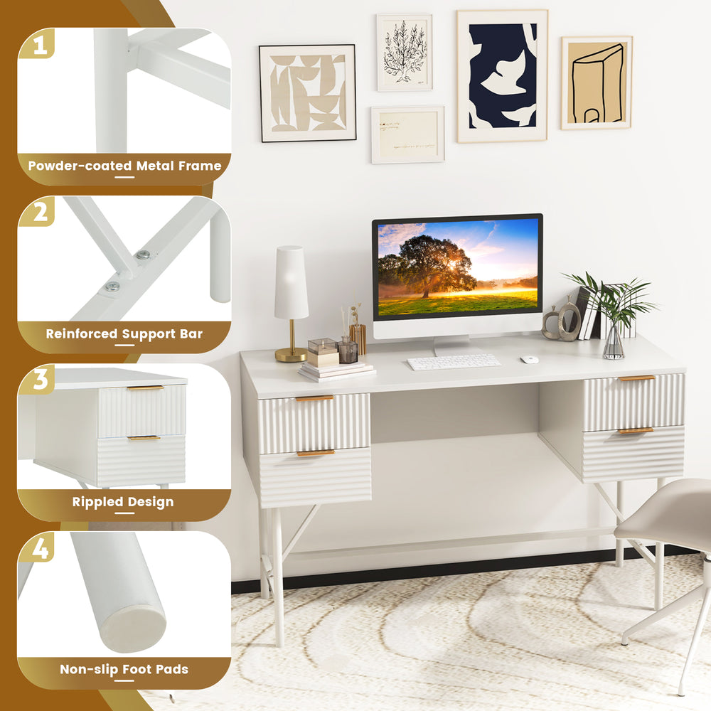 48-inch white home office computer desk with 4 drawers, rippled design, and sturdy metal frame for stability.
