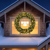 48-inch pre-lit artificial Christmas wreath with 150 warm white LED lights and realistic pine cones for festive decoration.