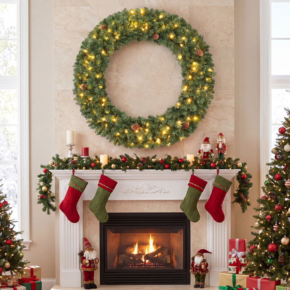 48-inch pre-lit artificial Christmas wreath showcasing 450 dense branch tips and 6 realistic pine cones for festive charm.