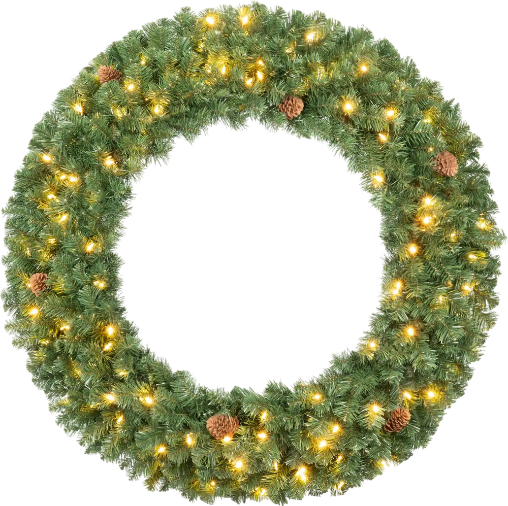 48-inch pre-lit artificial Christmas wreath with 150 warm white LED lights and 6 realistic pine cones for festive decor.